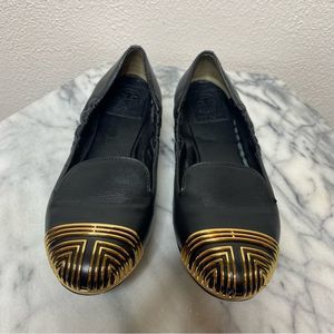 Tory Burch Charlee Black Leather Gold Toe Flat Loafers